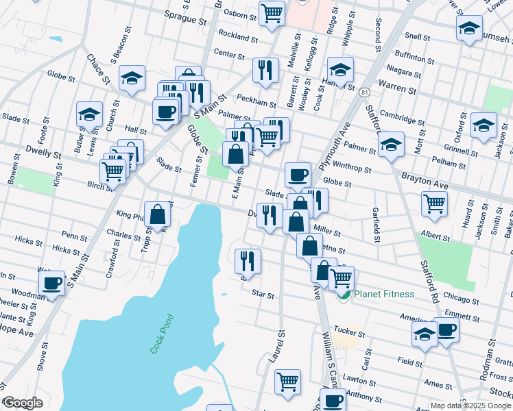 map of restaurants, bars, coffee shops, grocery stores, and more near 463 Montaup Street in Fall River