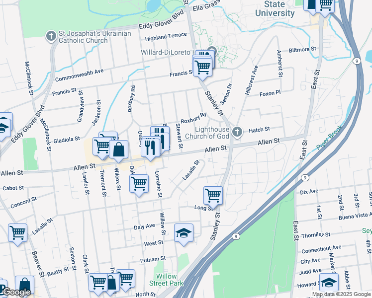 map of restaurants, bars, coffee shops, grocery stores, and more near 460 Allen Street in New Britain