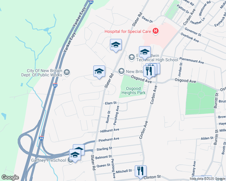 map of restaurants, bars, coffee shops, grocery stores, and more near 90 Jerome Drive in New Britain