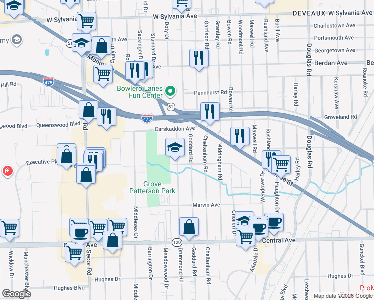 map of restaurants, bars, coffee shops, grocery stores, and more near 3437 Goddard Road in Toledo