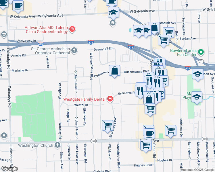 map of restaurants, bars, coffee shops, grocery stores, and more near 3433 Oak Alley Court in Toledo