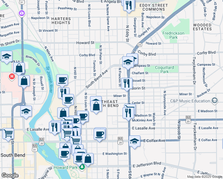 map of restaurants, bars, coffee shops, grocery stores, and more near 908 Sorin Street in South Bend