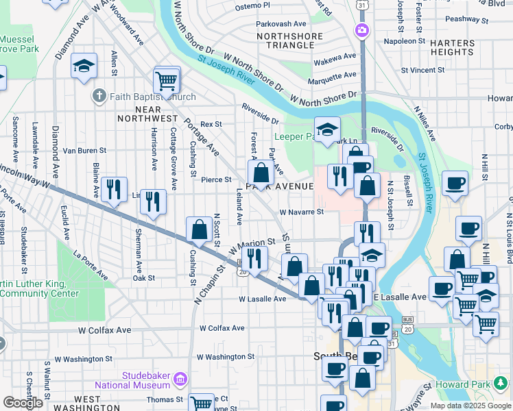 map of restaurants, bars, coffee shops, grocery stores, and more near 621 Portage Avenue in South Bend