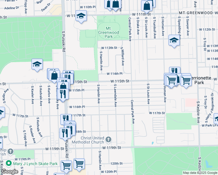 map of restaurants, bars, coffee shops, grocery stores, and more near 3730 West 115th Place in Alsip