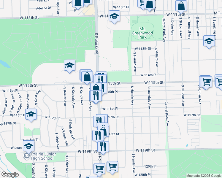 map of restaurants, bars, coffee shops, grocery stores, and more near 3922 West 115th Place in Alsip
