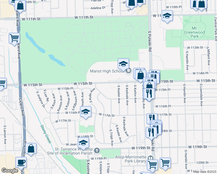 map of restaurants, bars, coffee shops, grocery stores, and more near 4209 West 115th Street in Alsip
