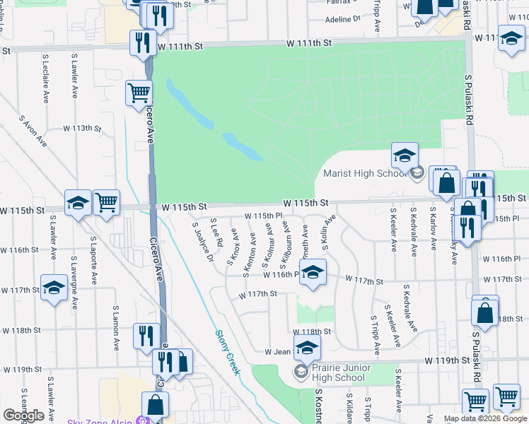 map of restaurants, bars, coffee shops, grocery stores, and more near 4520 West 115th Place in Alsip
