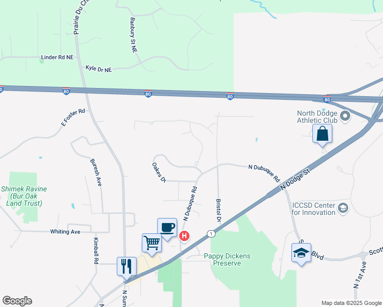 map of restaurants, bars, coffee shops, grocery stores, and more near 1640 Quincent Street in Iowa City