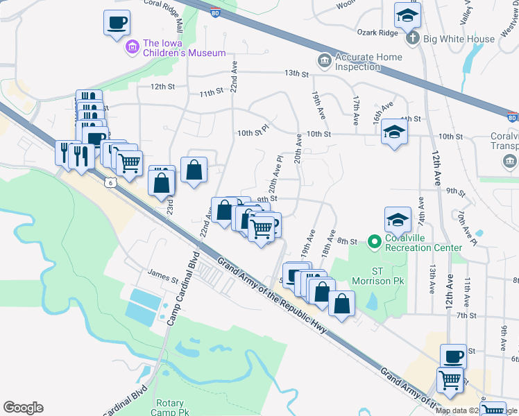 map of restaurants, bars, coffee shops, grocery stores, and more near 2028 9th Street in Coralville