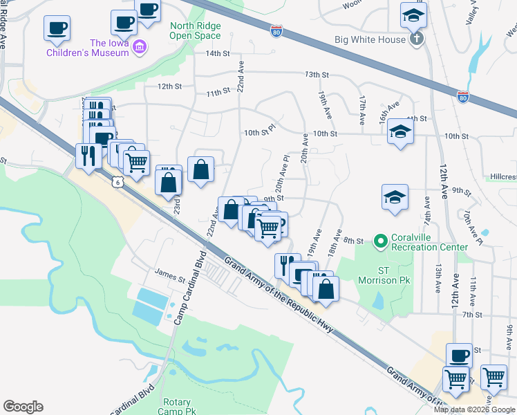 map of restaurants, bars, coffee shops, grocery stores, and more near None in Coralville