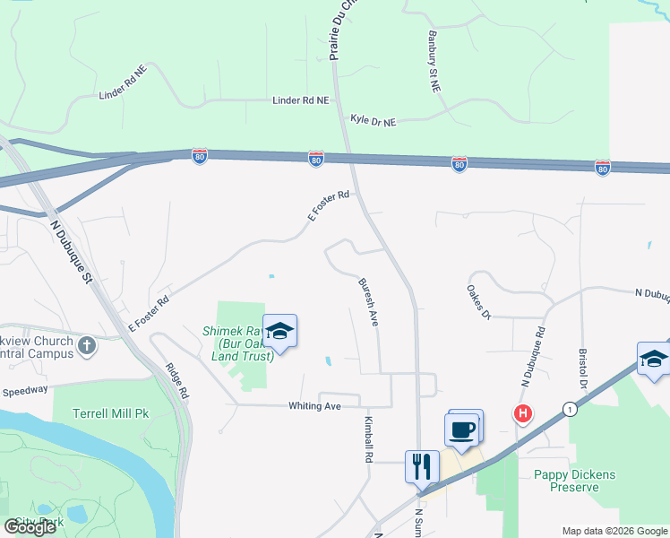map of restaurants, bars, coffee shops, grocery stores, and more near 1549 Buresh Avenue in Iowa City