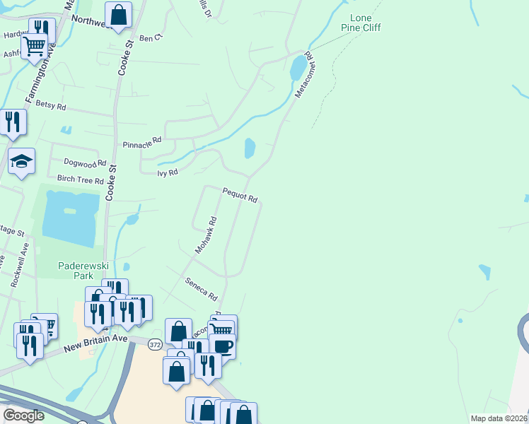 map of restaurants, bars, coffee shops, grocery stores, and more near 26 Pequot Road in Plainville