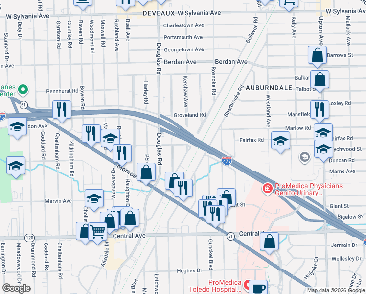 map of restaurants, bars, coffee shops, grocery stores, and more near 3450 Bellevue Road in Toledo