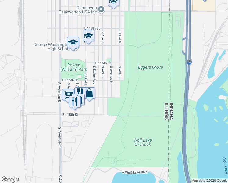 map of restaurants, bars, coffee shops, grocery stores, and more near 11633 South Avenue H in Chicago
