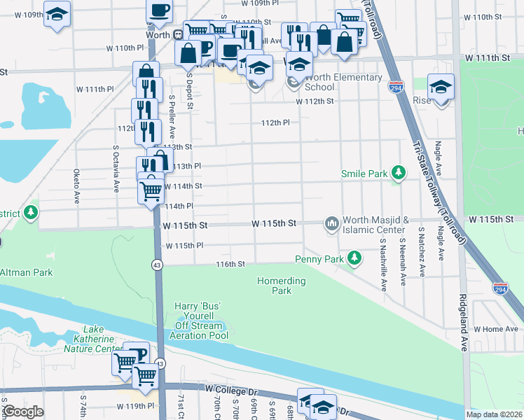 map of restaurants, bars, coffee shops, grocery stores, and more near 6841 114th Place in Worth