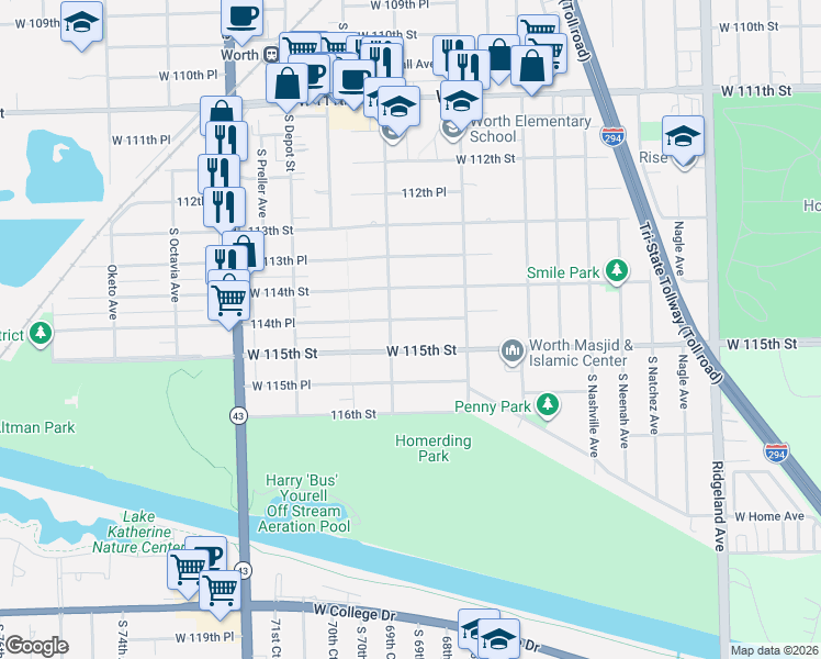 map of restaurants, bars, coffee shops, grocery stores, and more near 6841 114th Place in Worth