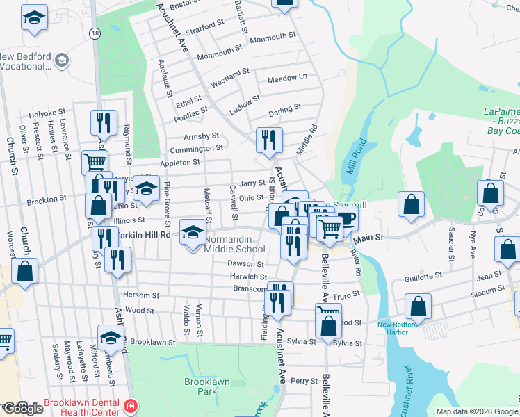 map of restaurants, bars, coffee shops, grocery stores, and more near 15 Chicopee Street in New Bedford