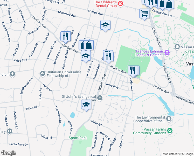 map of restaurants, bars, coffee shops, grocery stores, and more near 24 Mitchell Avenue in Poughkeepsie