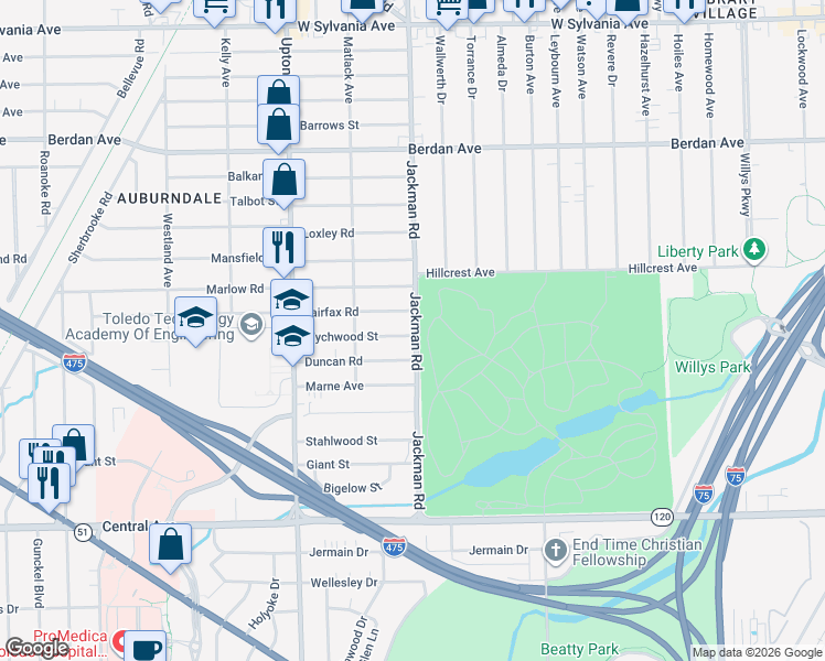 map of restaurants, bars, coffee shops, grocery stores, and more near 1702 Wychwood Street in Toledo