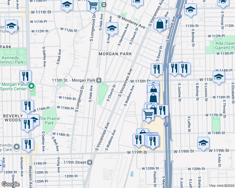 map of restaurants, bars, coffee shops, grocery stores, and more near 11602 South Vincennes Avenue in Chicago