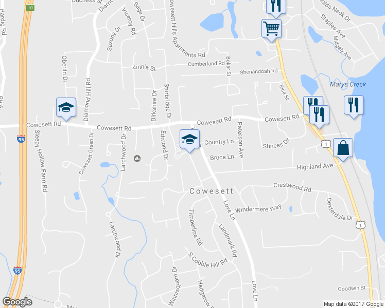 map of restaurants, bars, coffee shops, grocery stores, and more near 38 Red Chimney Drive in Warwick