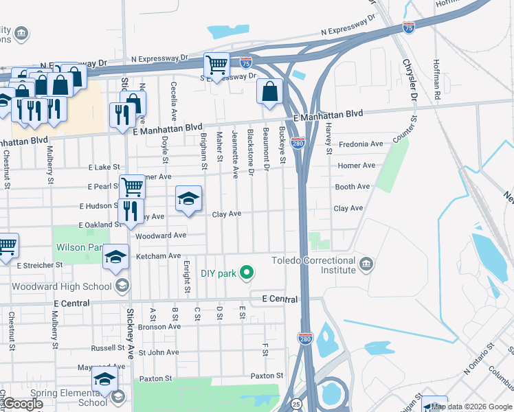 map of restaurants, bars, coffee shops, grocery stores, and more near 3308 Blackstone Drive in Toledo