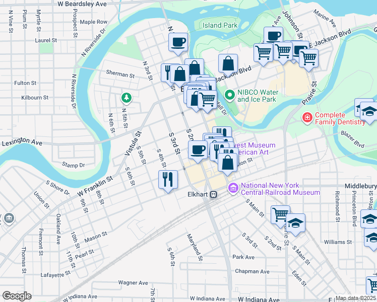 map of restaurants, bars, coffee shops, grocery stores, and more near 215 West Franklin Street in Elkhart