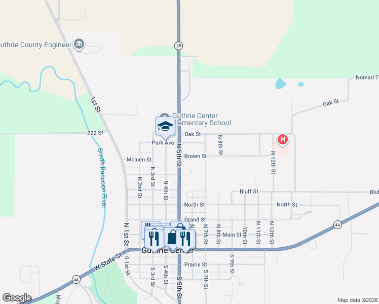 map of restaurants, bars, coffee shops, grocery stores, and more near 505 Brown Street in Guthrie Center