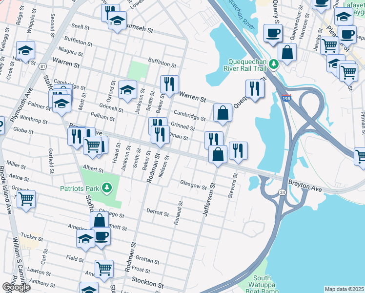map of restaurants, bars, coffee shops, grocery stores, and more near 42 Boyden Street in Fall River