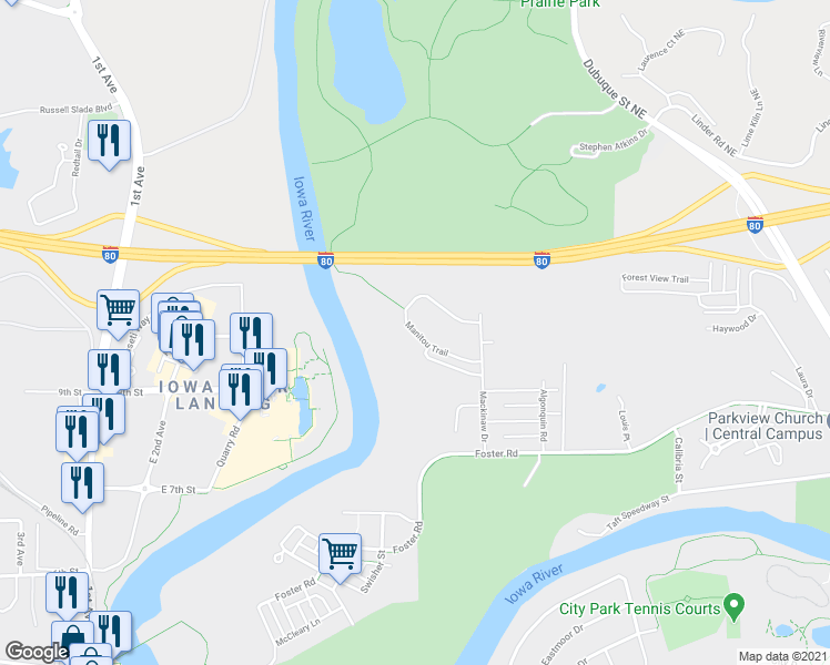 map of restaurants, bars, coffee shops, grocery stores, and more near 932 Manitou Trail in Iowa City