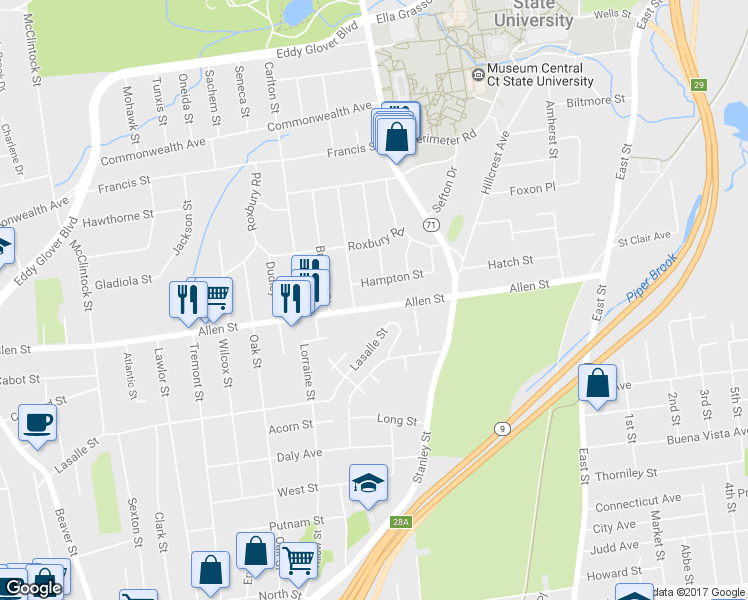 map of restaurants, bars, coffee shops, grocery stores, and more near 460 Allen Street in New Britain