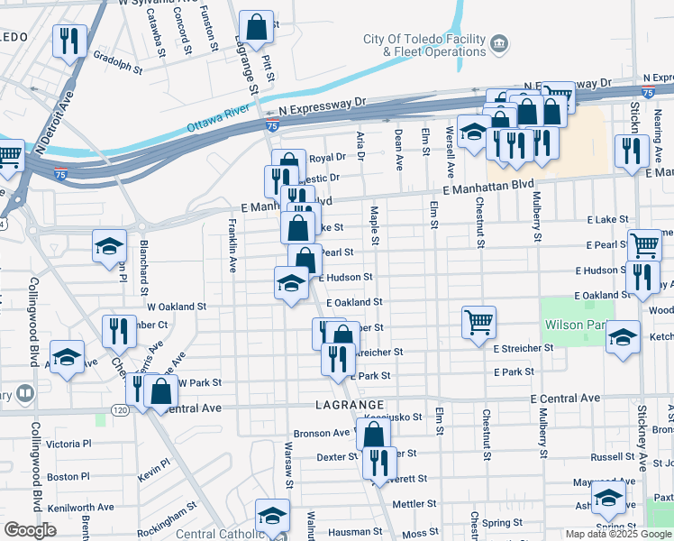 map of restaurants, bars, coffee shops, grocery stores, and more near 235 East Hudson Street in Toledo