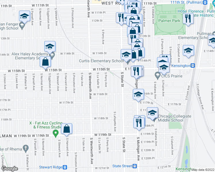 map of restaurants, bars, coffee shops, grocery stores, and more near 11563 South Perry Avenue in Chicago