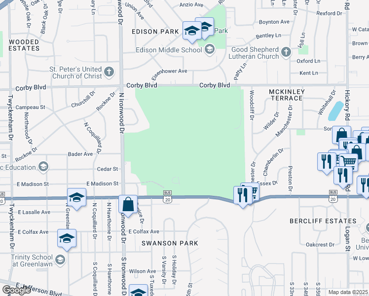 map of restaurants, bars, coffee shops, grocery stores, and more near in South Bend