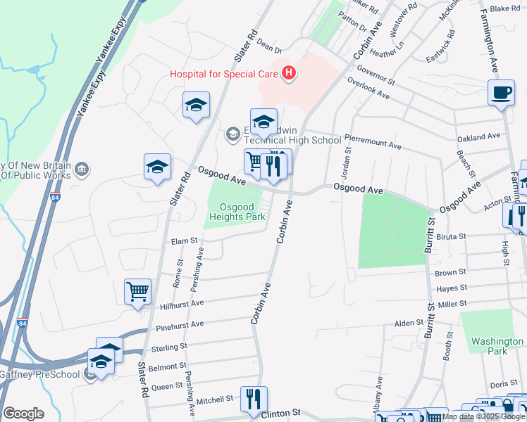 map of restaurants, bars, coffee shops, grocery stores, and more near 33 Elam Street in New Britain