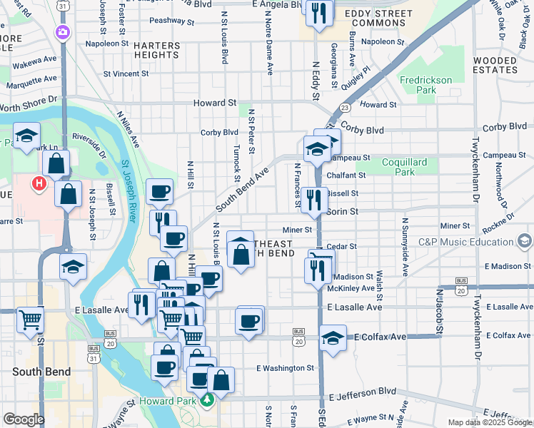 map of restaurants, bars, coffee shops, grocery stores, and more near 825 East Sorin Street in South Bend