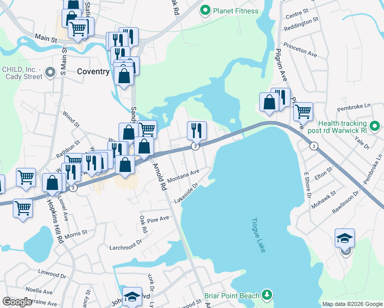 map of restaurants, bars, coffee shops, grocery stores, and more near 6 Colorado Street in Coventry