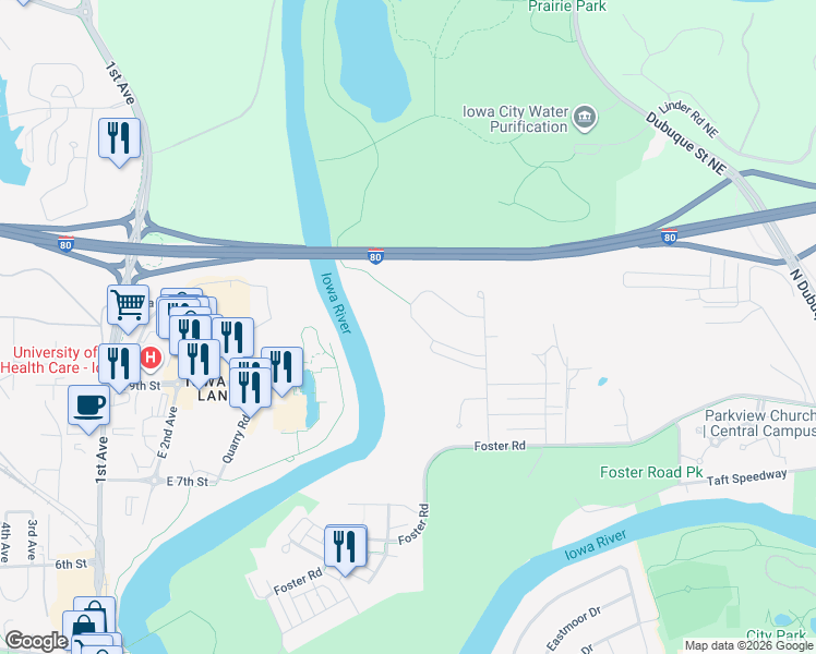 map of restaurants, bars, coffee shops, grocery stores, and more near 945 Manitou Trail in Iowa City