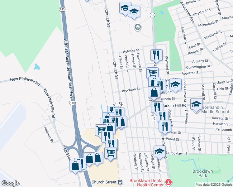 map of restaurants, bars, coffee shops, grocery stores, and more near 633 Church Street in New Bedford