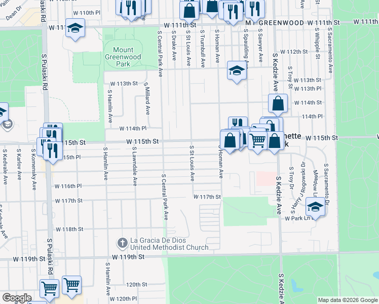 map of restaurants, bars, coffee shops, grocery stores, and more near 3500 West 115th Place in Chicago