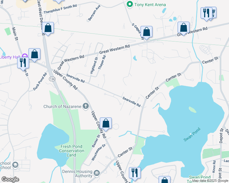 map of restaurants, bars, coffee shops, grocery stores, and more near 100 Searsville Road in Dennis