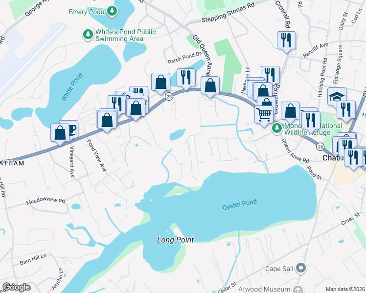 map of restaurants, bars, coffee shops, grocery stores, and more near 1 Richards Lane in Chatham