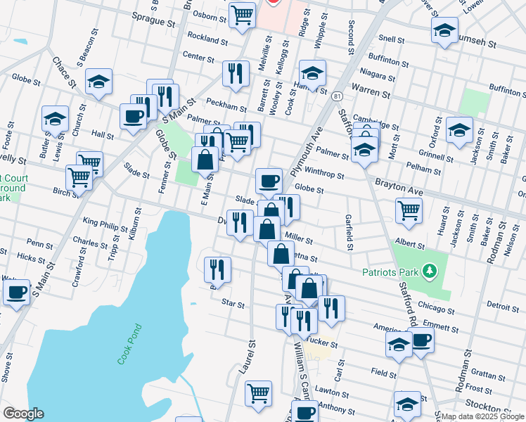 map of restaurants, bars, coffee shops, grocery stores, and more near 1495 Plymouth Avenue in Fall River