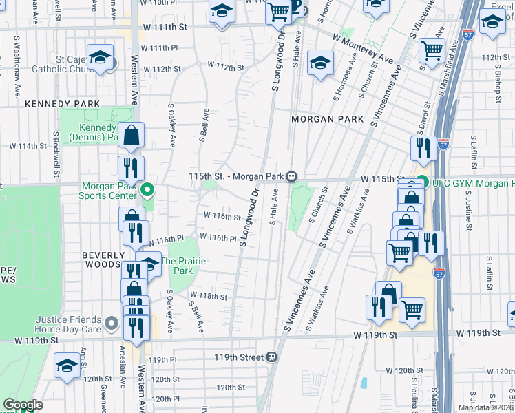 map of restaurants, bars, coffee shops, grocery stores, and more near 11541 South Longwood Drive in Chicago