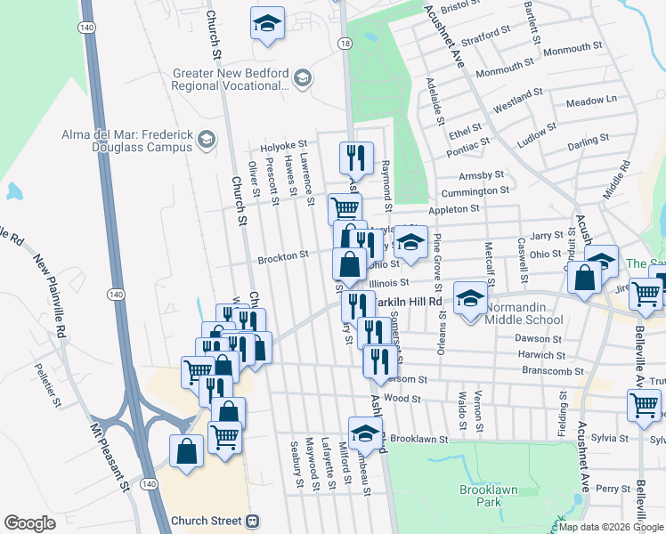 map of restaurants, bars, coffee shops, grocery stores, and more near 129 Lowell Street in New Bedford