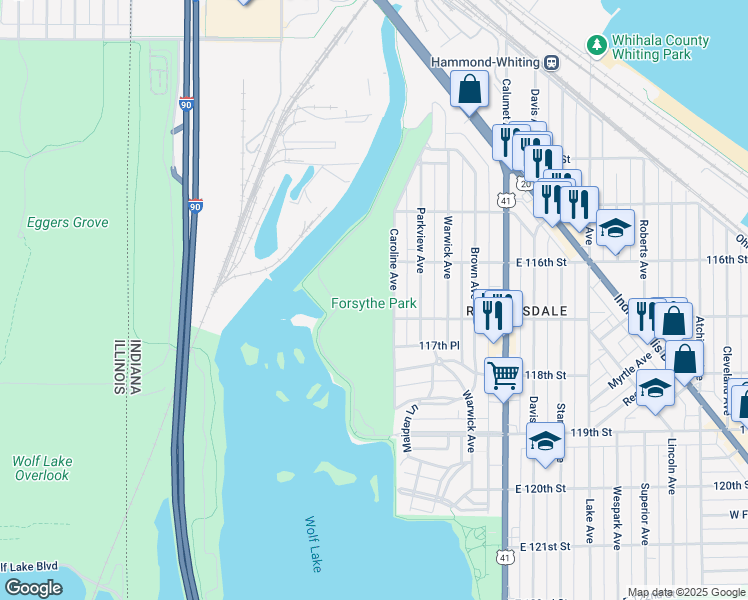 map of restaurants, bars, coffee shops, grocery stores, and more near 1800 Caroline Avenue in Whiting