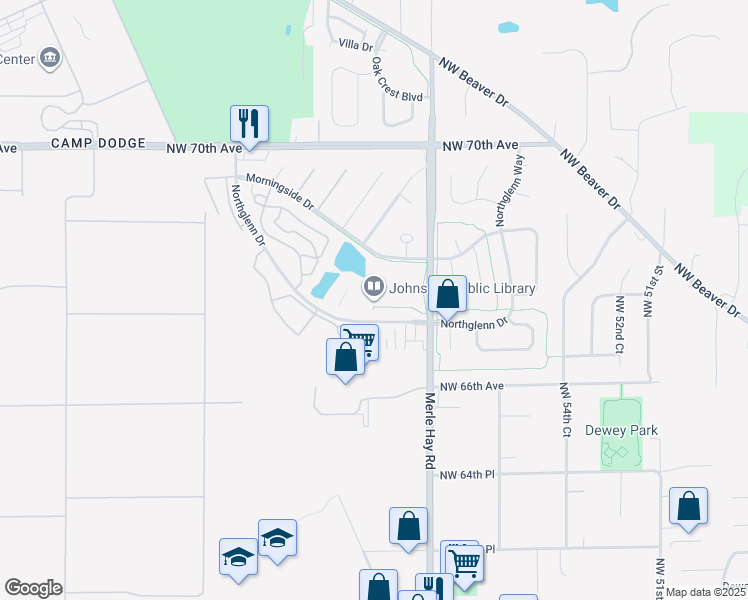 map of restaurants, bars, coffee shops, grocery stores, and more near 6700 Merle Hay Road in Johnston