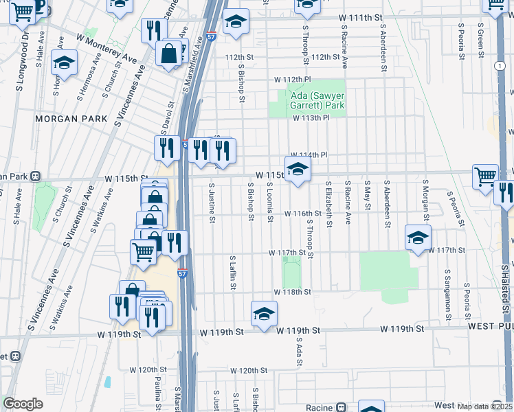 map of restaurants, bars, coffee shops, grocery stores, and more near 11544 South Loomis Street in Chicago
