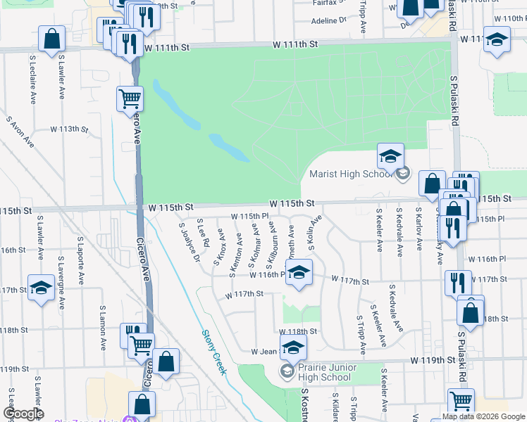 map of restaurants, bars, coffee shops, grocery stores, and more near 4520 West 115th Place in Alsip