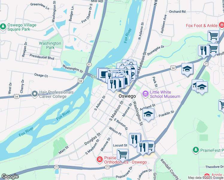 map of restaurants, bars, coffee shops, grocery stores, and more near 103 Main Street in Oswego
